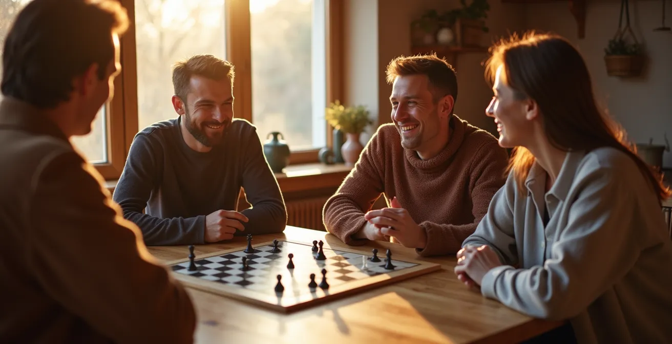 Intérieur chaleureux style chalet moderne avec mobilier en bois et éclairage doux