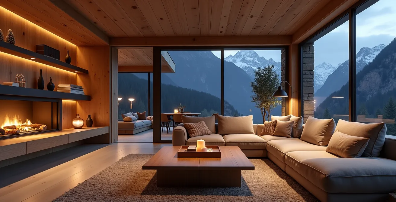 Salon aménagé façon refuge alpin moderne avec matériaux naturels suisses et espace jeux