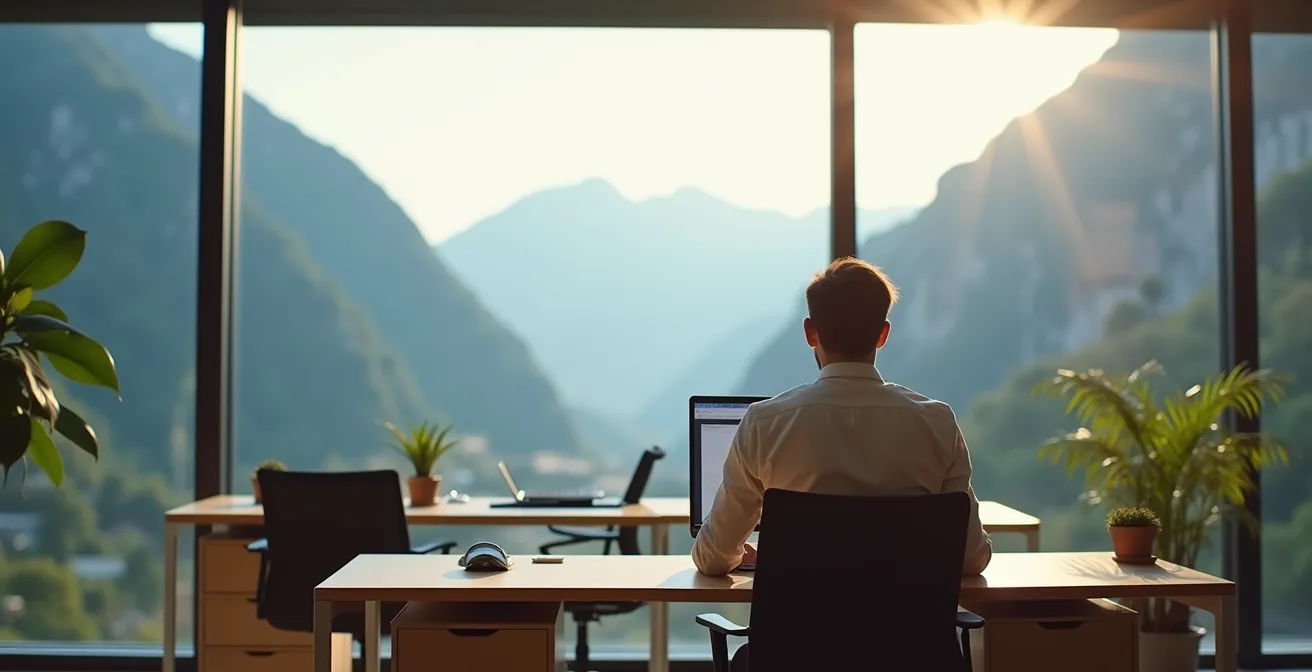 Espace de travail moderne avec vue sur les Alpes suisses, atmosphère calme et équilibrée