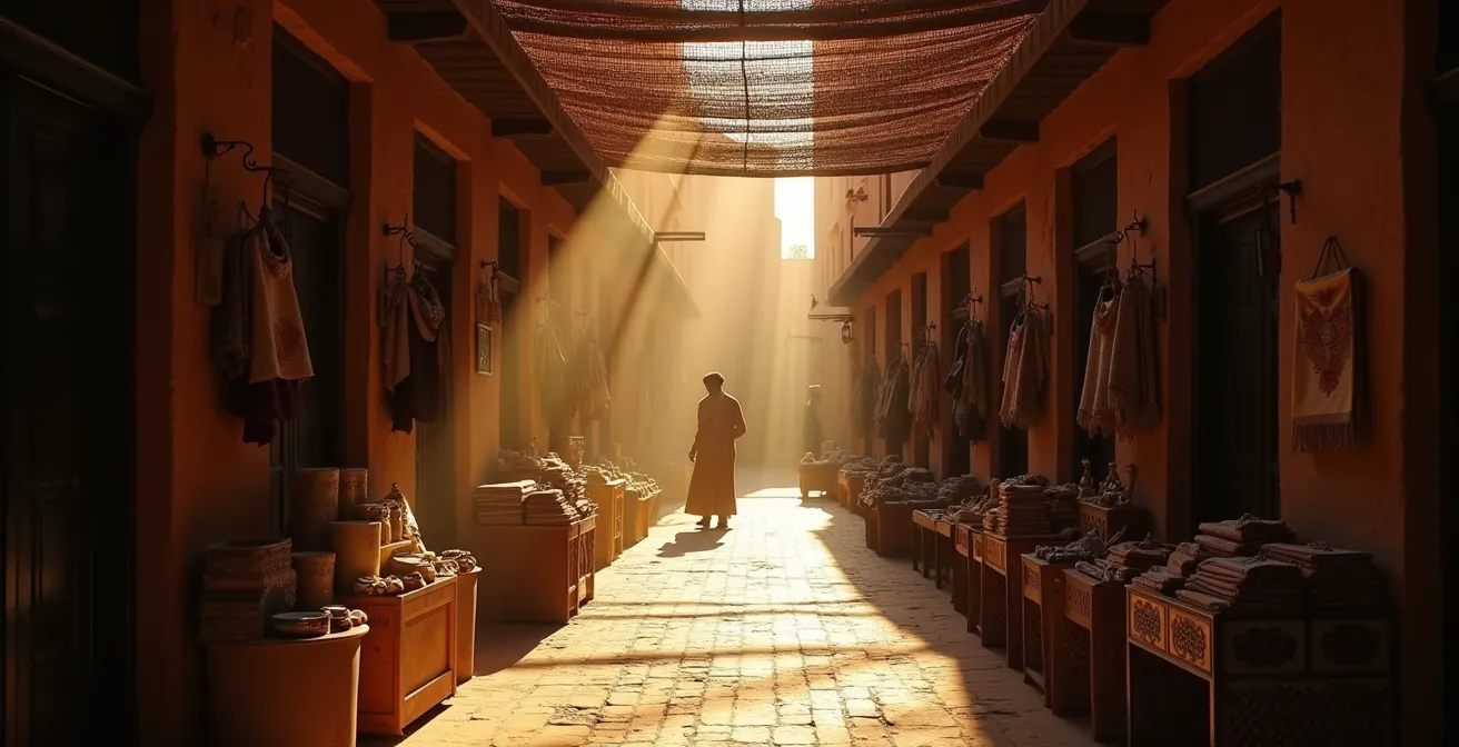 Vue d'ensemble d'un souk de Marrakech en fin d'après-midi avec lumière dorée
