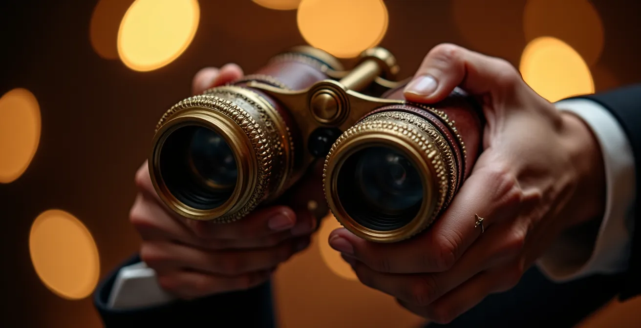 Mains tenant des jumelles de théâtre élégantes avec la scène floue en arrière-plan