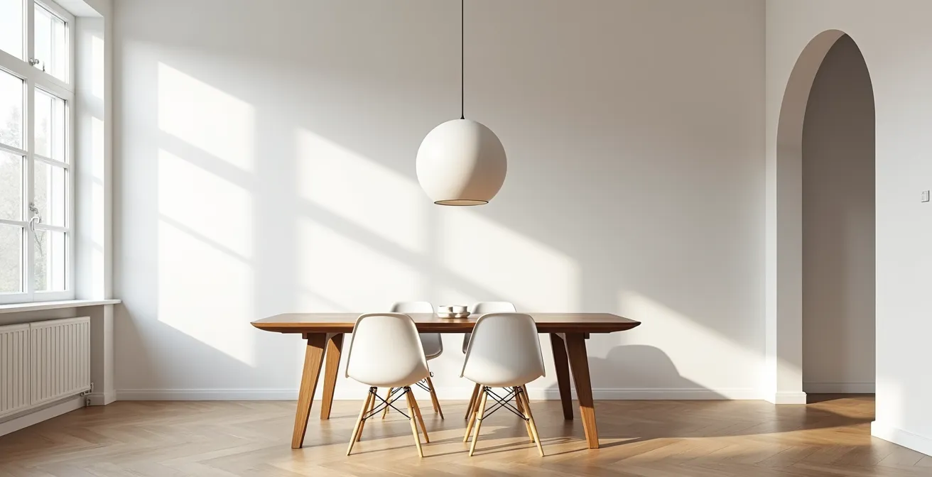 Suspension parfaitement proportionnée au-dessus d'une table de salle à manger de deux mètres