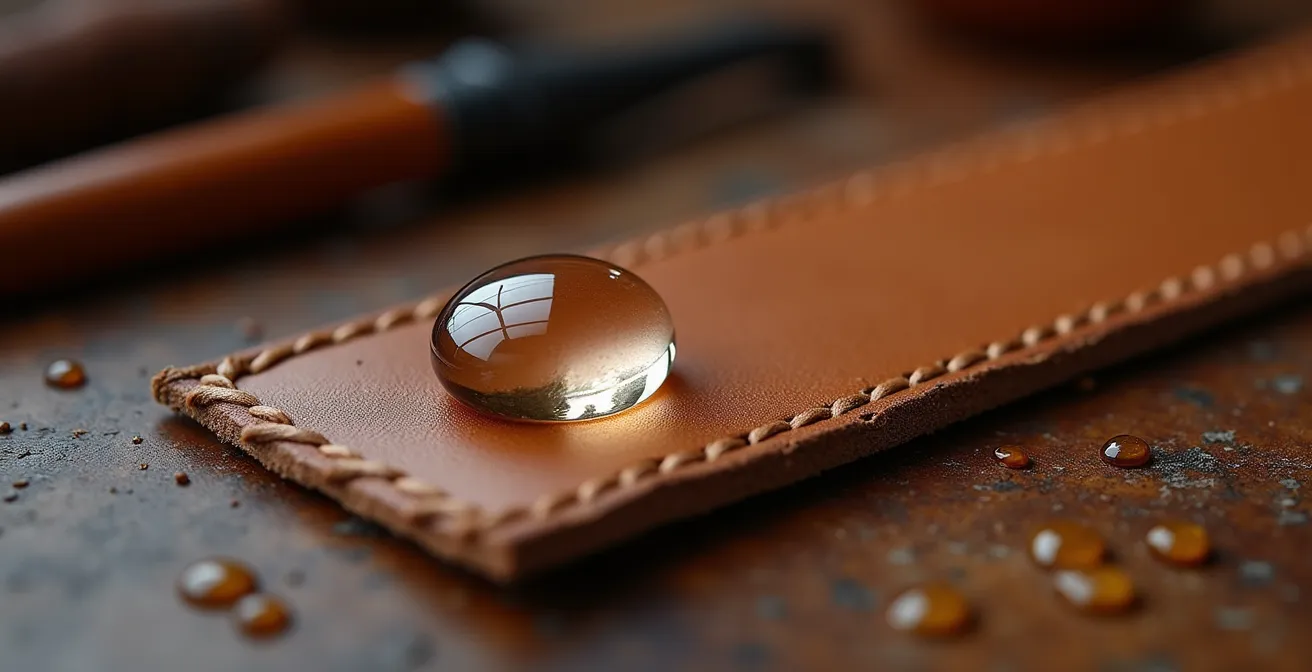 Test de la goutte d'eau sur cuir véritable montrant l'absorption naturelle