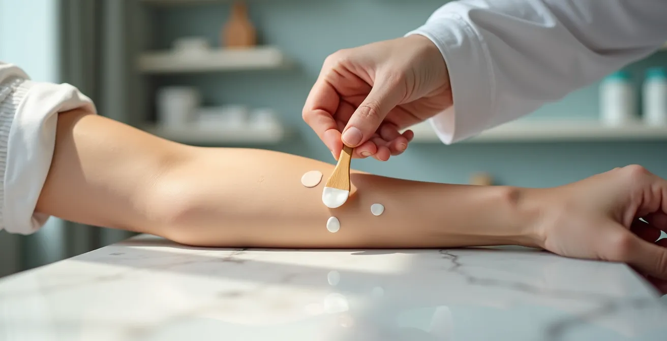 Main effectuant un test cutané sur l'avant-bras dans un environnement épuré suisse