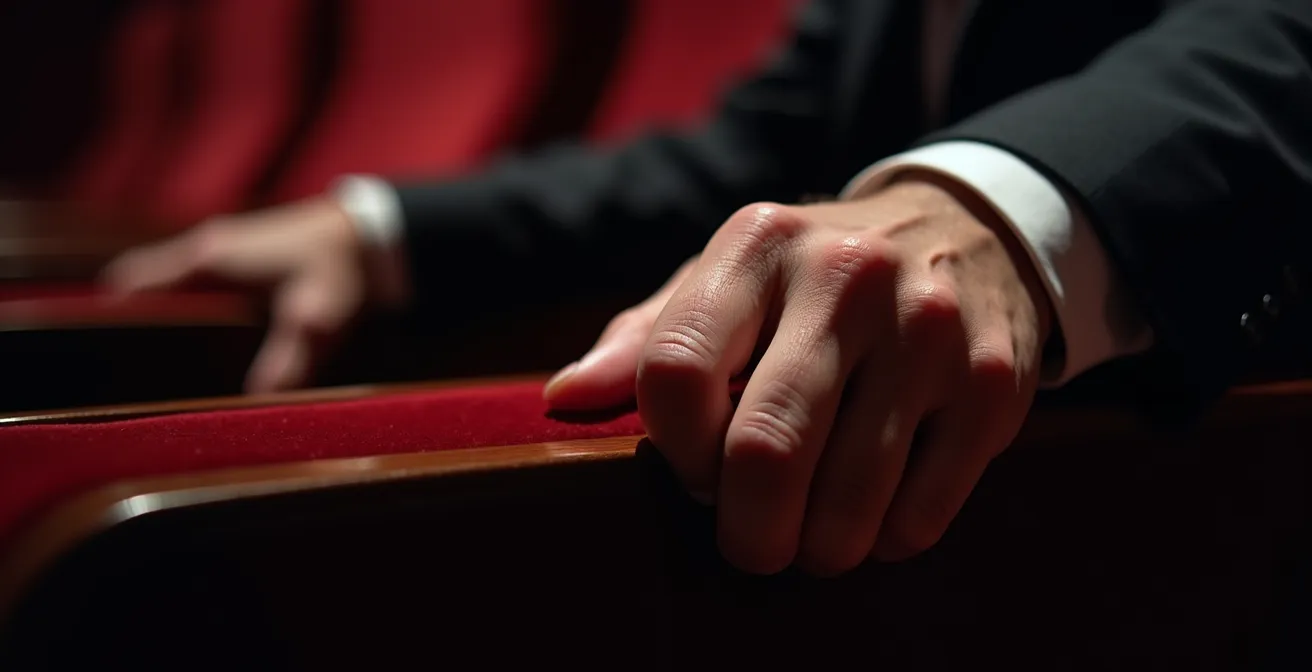 Détail de mains crispées sur un accoudoir de fauteuil de théâtre