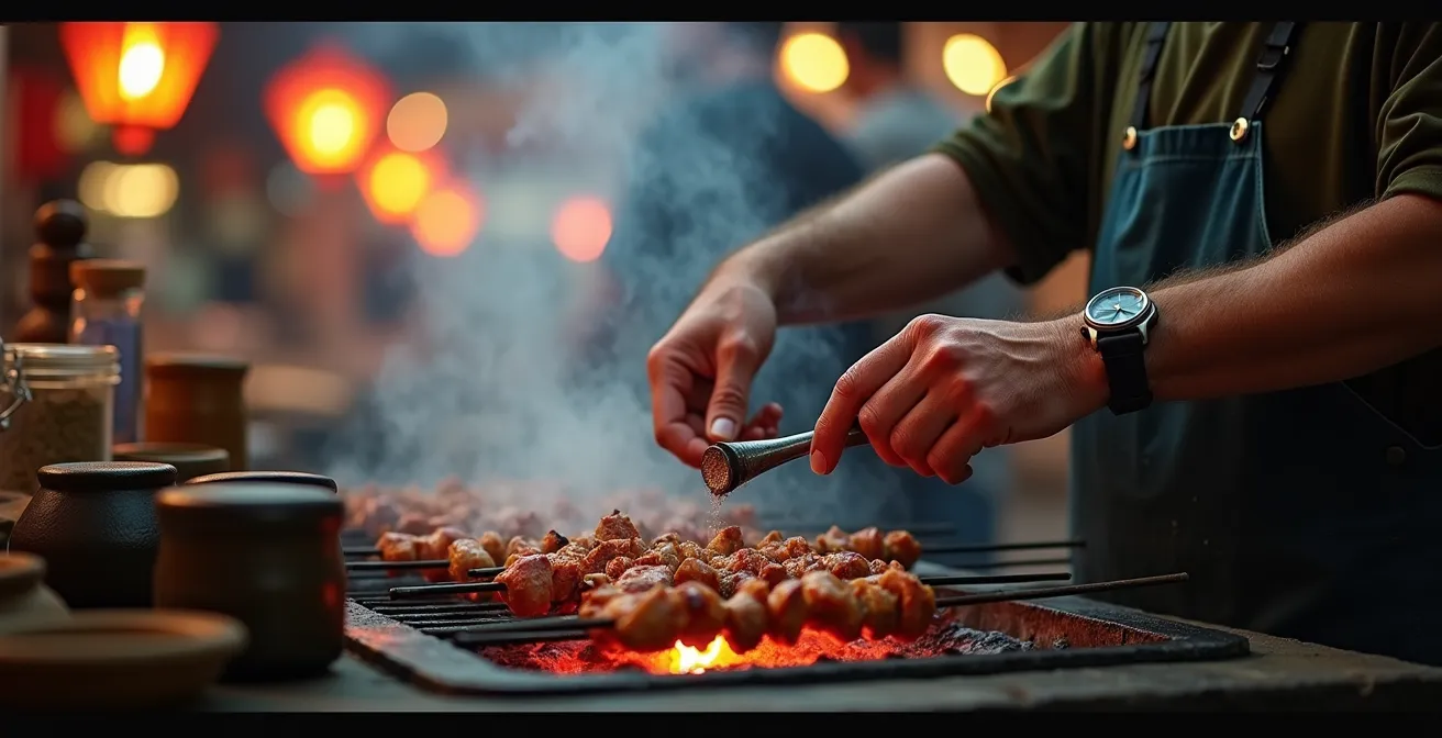 Vendeur de street food préparant des brochettes avec des gestes précis et hygiéniques