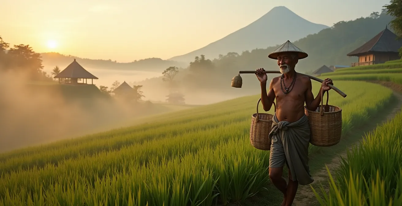 Village balinais traditionnel niché dans les montagnes avec temples et rizières en terrasses au lever du soleil