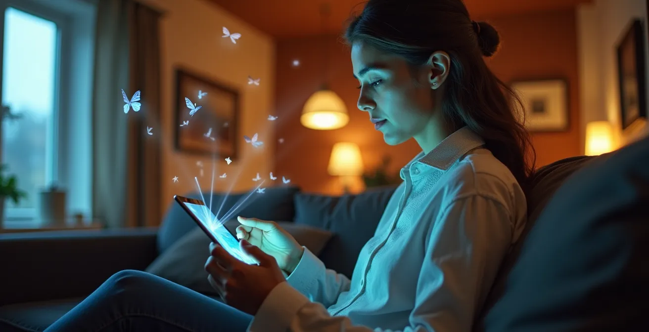 Personne utilisant une tablette pour explorer virtuellement un musée suisse, entourée d'objets d'art projetés en réalité augmentée