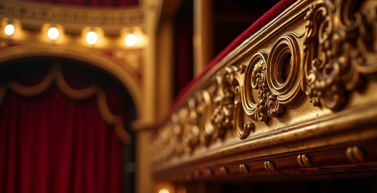 Vue plongeante depuis les places du paradis d'un théâtre historique suisse montrant l'architecture acoustique