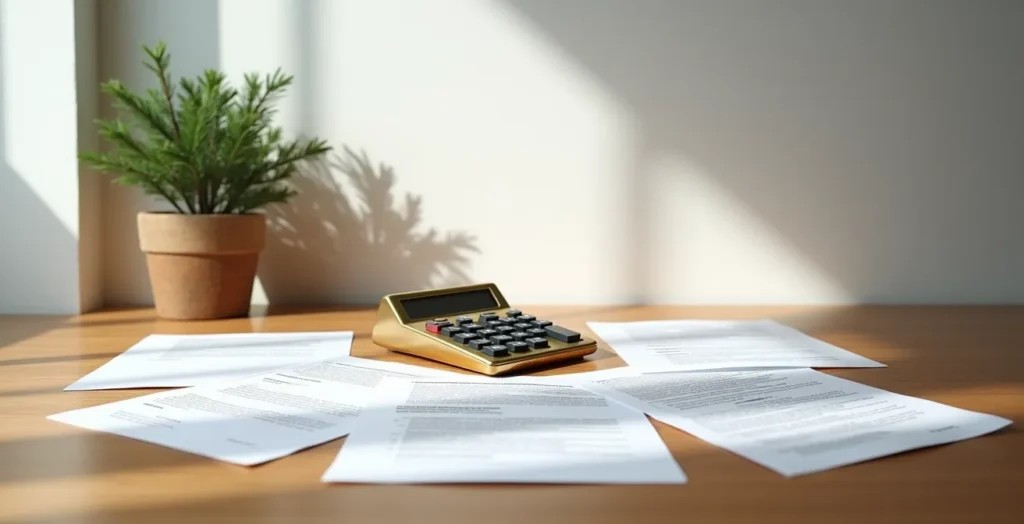 Documents hypothécaires et calculatrice sur bureau en bois avec plante verte